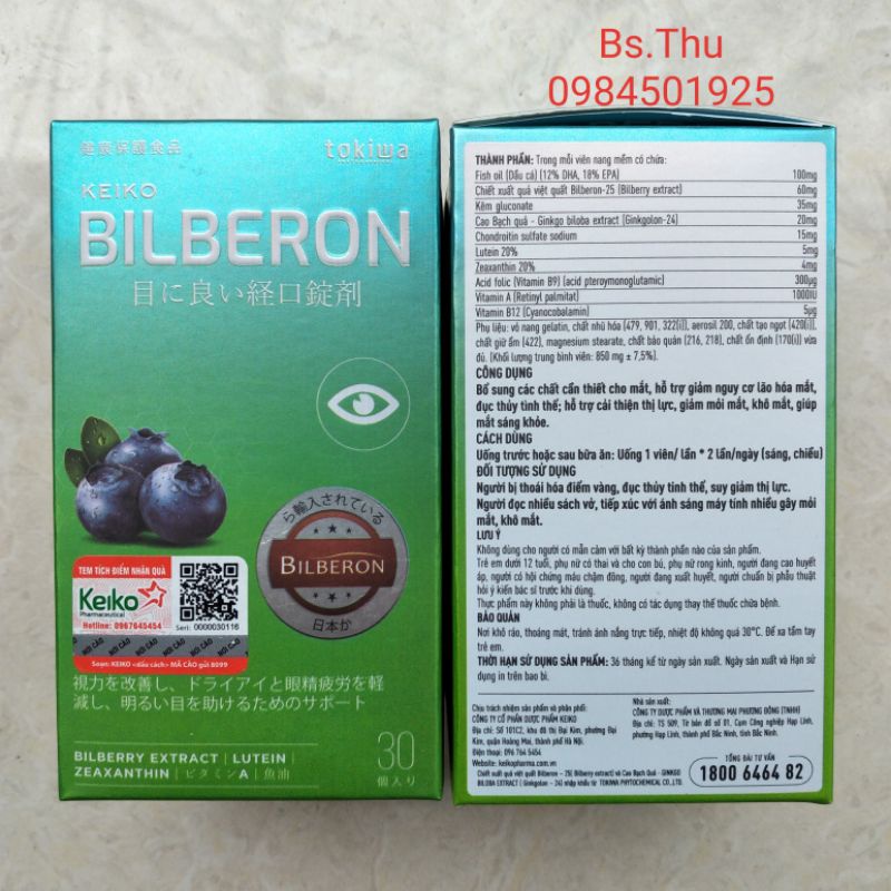 Viên uống bổ mắt Keiko BILBERON hộp 30viên nhập khẩu Nhật Bản hỗ trợ cải thiện thị lực, giảm khô mỏi, giúp mắt sáng khỏe