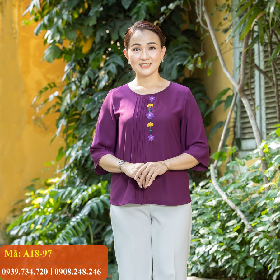 Áo Trung Niên Cao Cấp iDiva A18-97 ,chất liệu lụa voan, hoa thêu thủ công ,phù hợp U50-U70