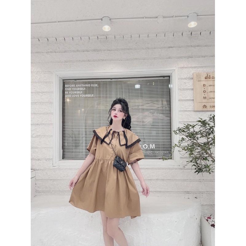 VÁY ĐẦM BABYDOLL CỔ PHỐI REN MÀU NÂU - Vải thô đũi bao đẹp - Cổ viền ren sịn sò, dáng xoè quyến rũ