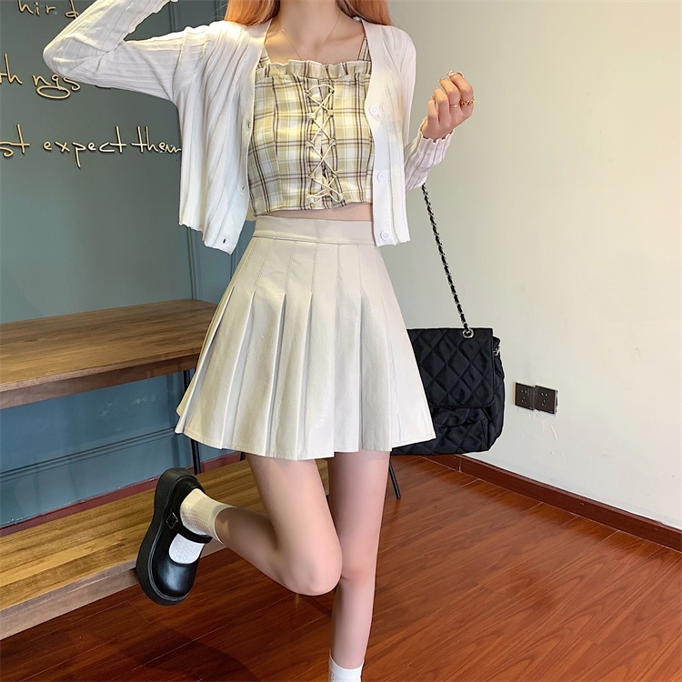 Xiaozhainv Chân Váy Ngắn Lưng Cao Xếp Ly Bằng Da Pu Phong Cách Hàn Quốc | BigBuy360 - bigbuy360.vn