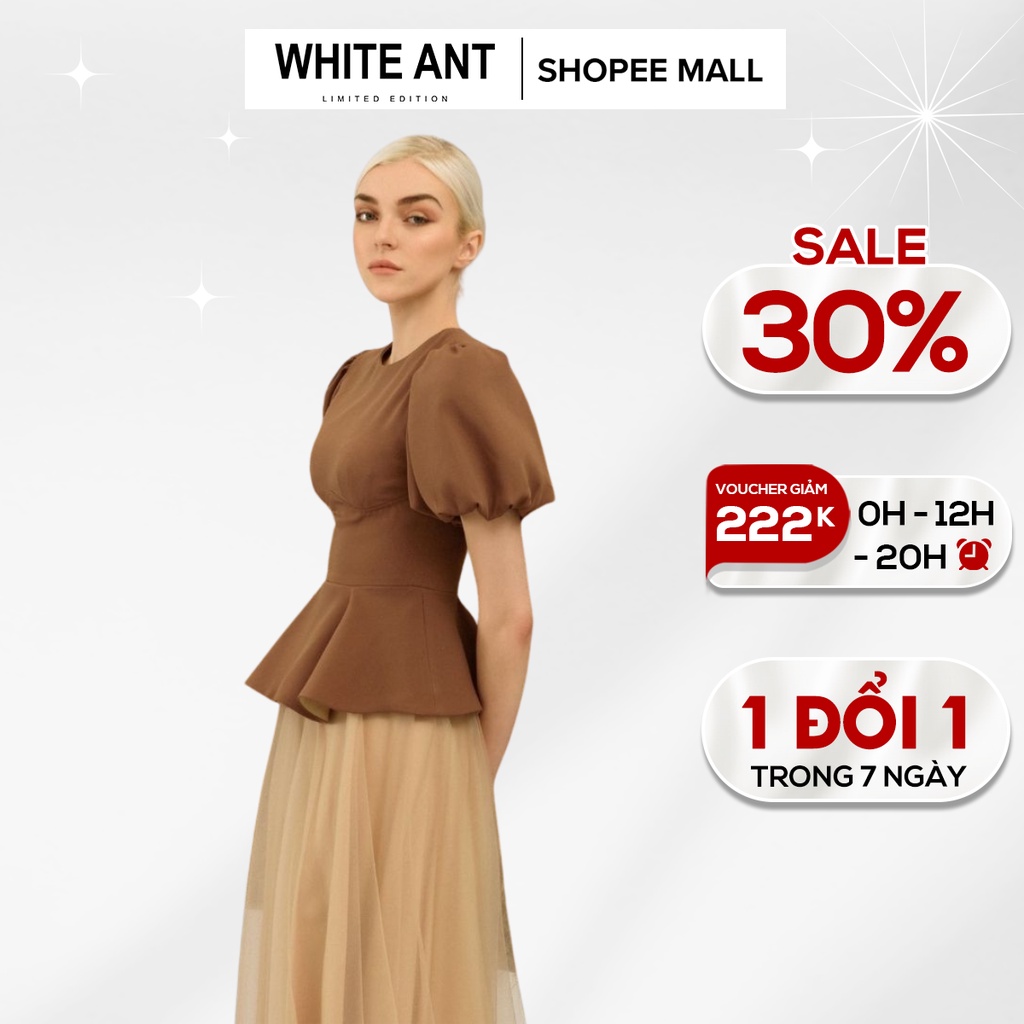 Áo peplum tay bồng nữ đai eo bọc da đi kèm White Ant