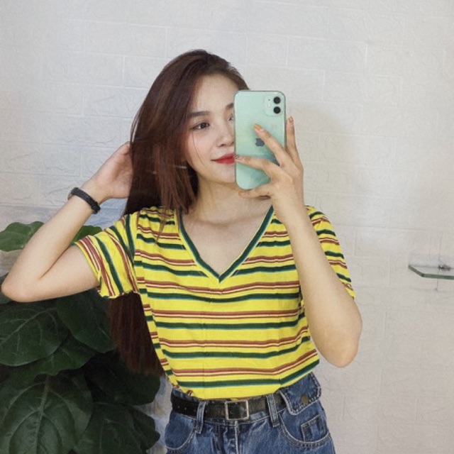 [ Mã WASTAPR giảm 10K đơn 50K] Áo thun cổ tim sọc - FREE SIZE dưới 6Okg