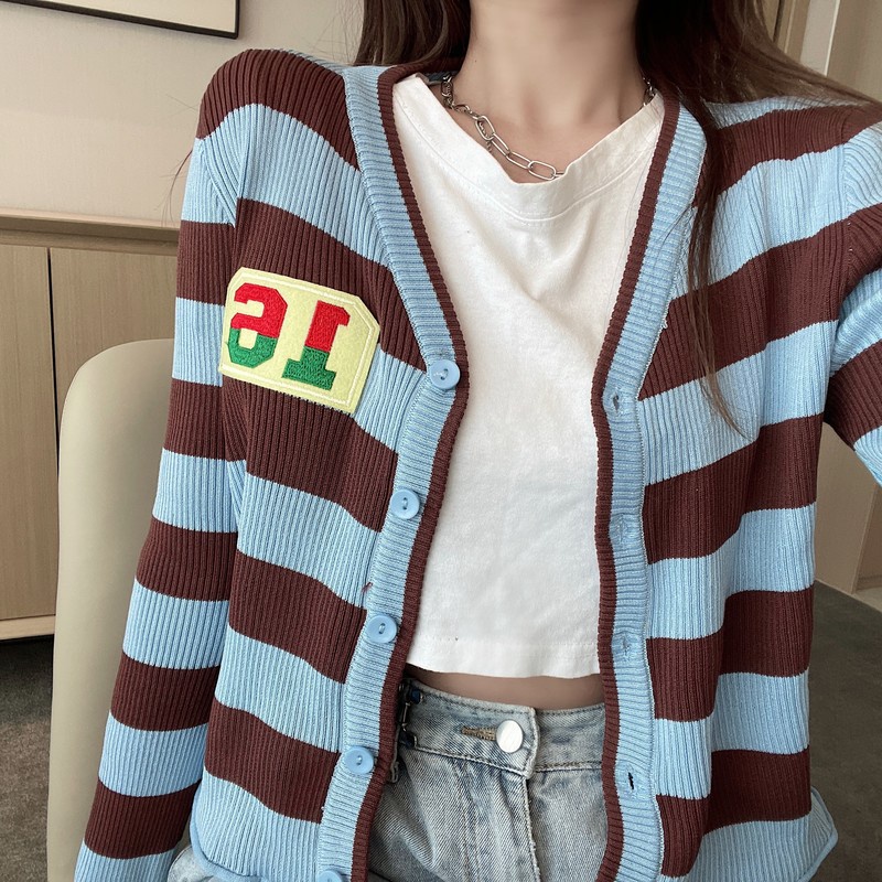 Áo Khoác Cardigan Dệt Kim Cổ Chữ V Dáng Rộng Kẻ Sọc Xinh Xắn