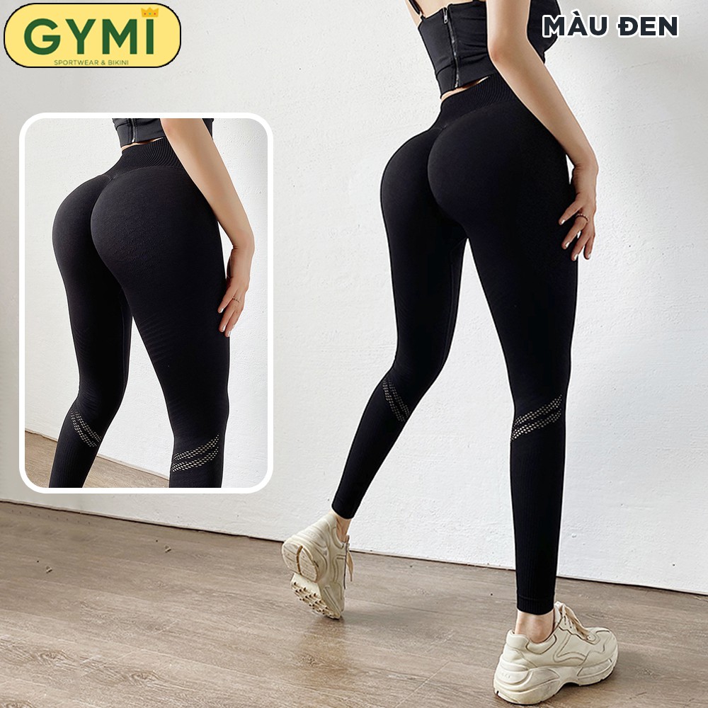 Quần tập gym yoga nữ chun mông GYMI QD17 dáng legging thể thao lưng cao nâng mông hoạ tiết cắt lazer ống quần