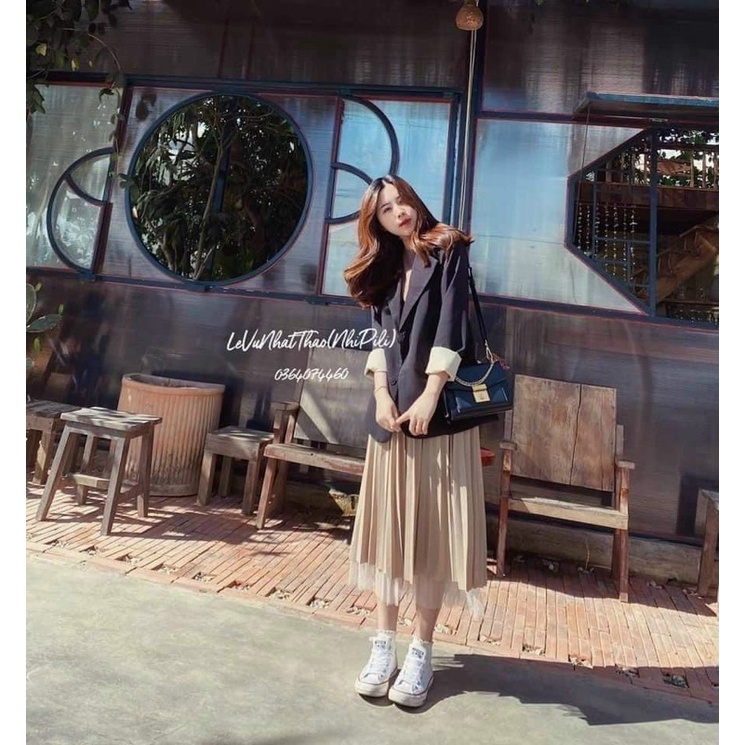 Áo blazer  Áo vest cổ bẻ dài tay dành cho nữ phong cách Hàn Quốc Ulzzang màu ĐEN BE