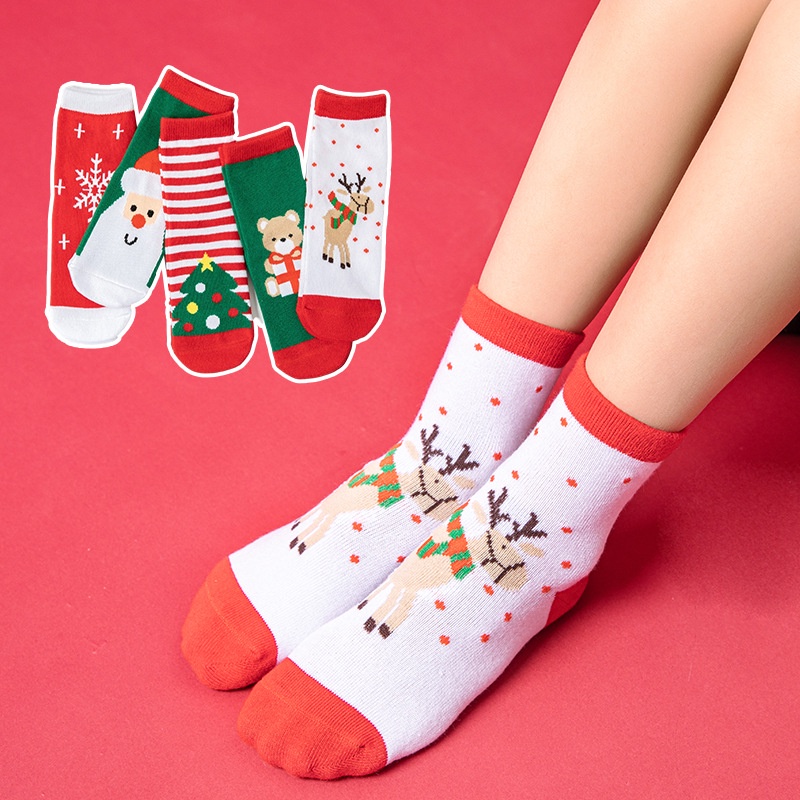 Set 5 Đôi Vớ Giữ Ấm Chống Trượt Thoáng Khí In Họa Tiết Giáng Sinh Năm Mới Cho Trẻ Sơ Sinh