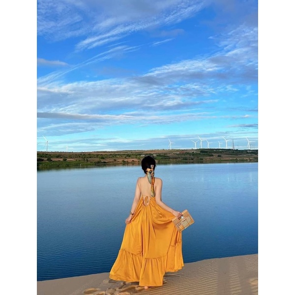 Váy maxi lụa cổ buộc dây xoè tầng thắt dây lưng siêu hot kèm cột tóc 3 màu đủ size S M L Huyen hip