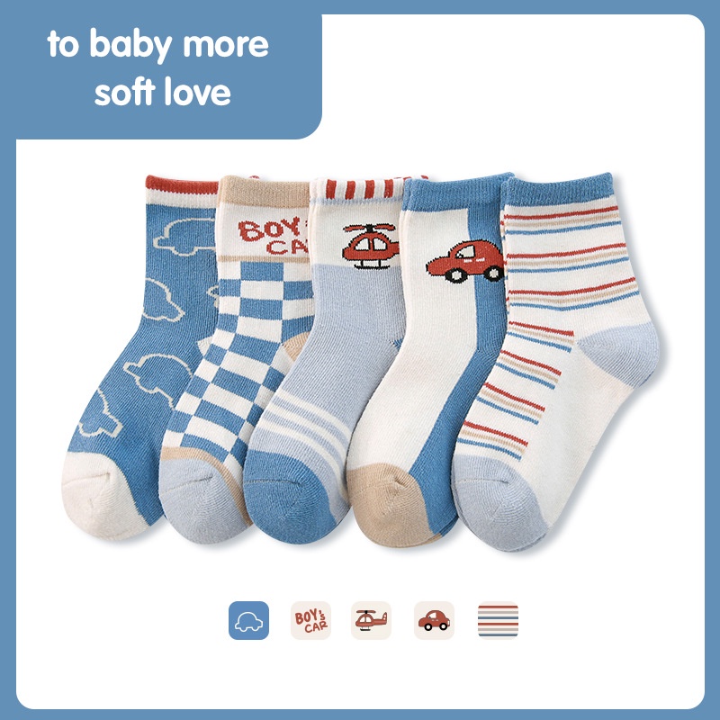 Set 5 Đôi Vớ Cotton Cổ Vừa Họa Tiết Hoạt Hình Thời Trang Thu Đông Cho Bé