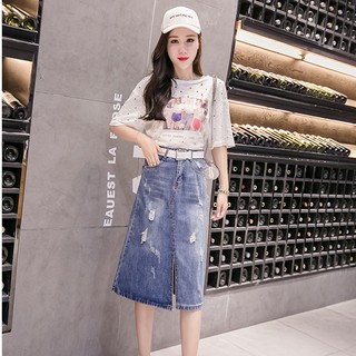 Chân váy denim dài xẻ tà in chữ thời trang mùa hè 2019 cho nữ