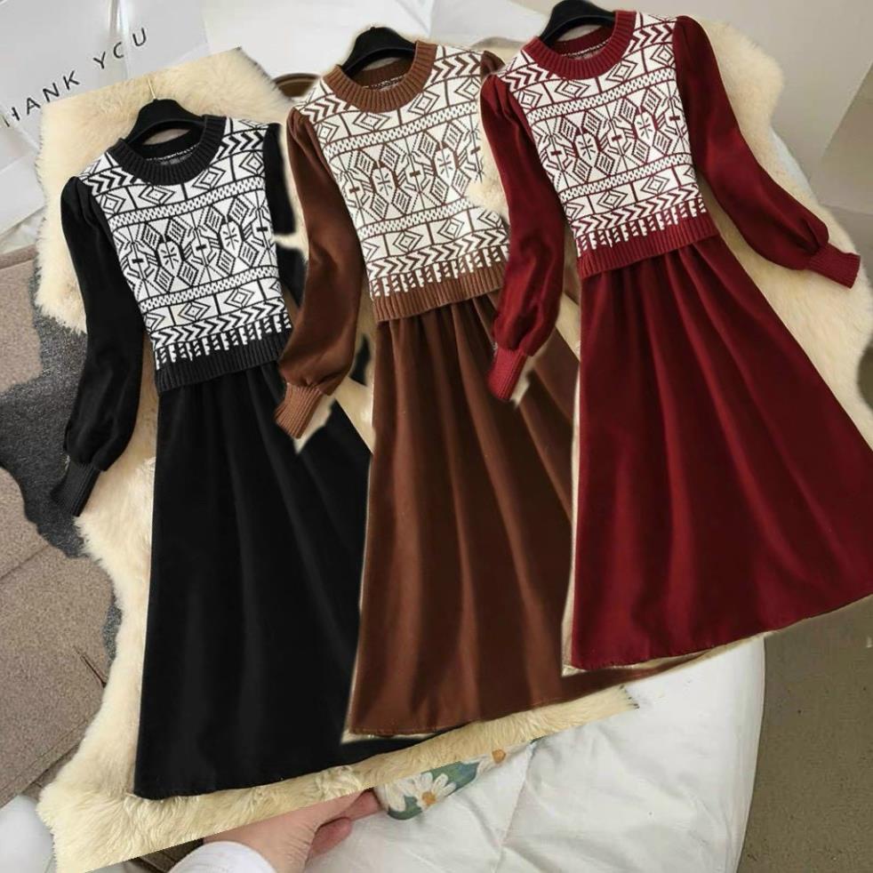 Váy nhung tiểu thư, váy len phối nhung họa tiết cực đẹp mặc là xinh chất len bao ấm hàng thu đông cao cấp | BigBuy360 - bigbuy360.vn