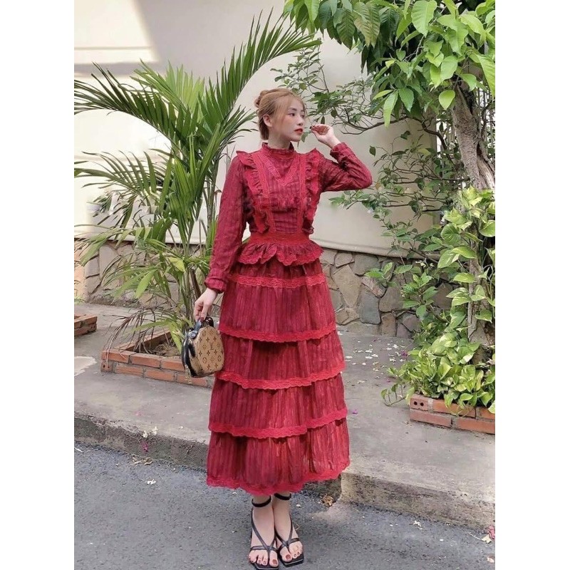 ĐẦM TIỆC ĐỎ ĐÔ VÁY XÒE STYLE BOHO MAXI THỔ CẨM NHÚN TẦNG DU LỊCH VINATGE THỔ CẨM BOHEMIAN sống ảo (KÈM HÌNH THẬT CẬN VẢI