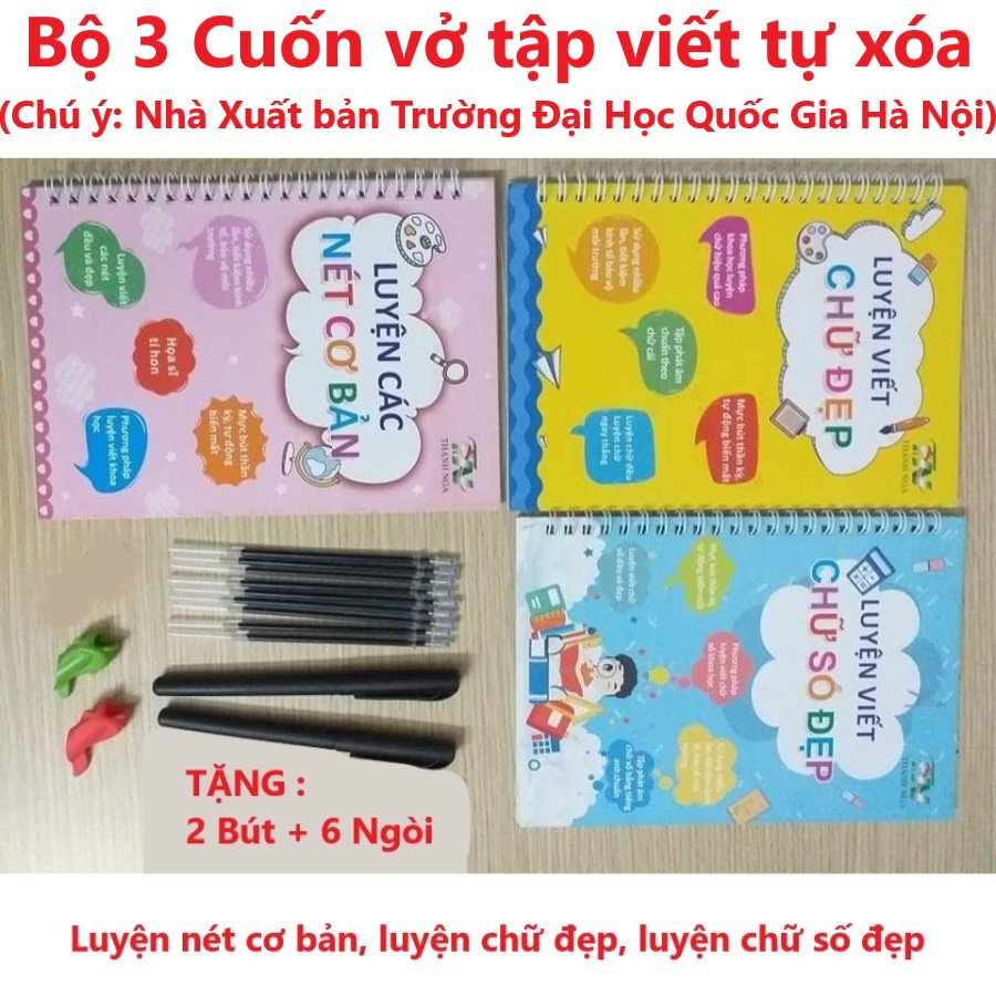 Bộ 3 cuốn vở tập viết tự xóa thần kỳ Thanh Nga (Luyện nét, luyện chữ đẹp, luyện chữ số và 2 bút 2 kê tay, 6 ngòi bút)