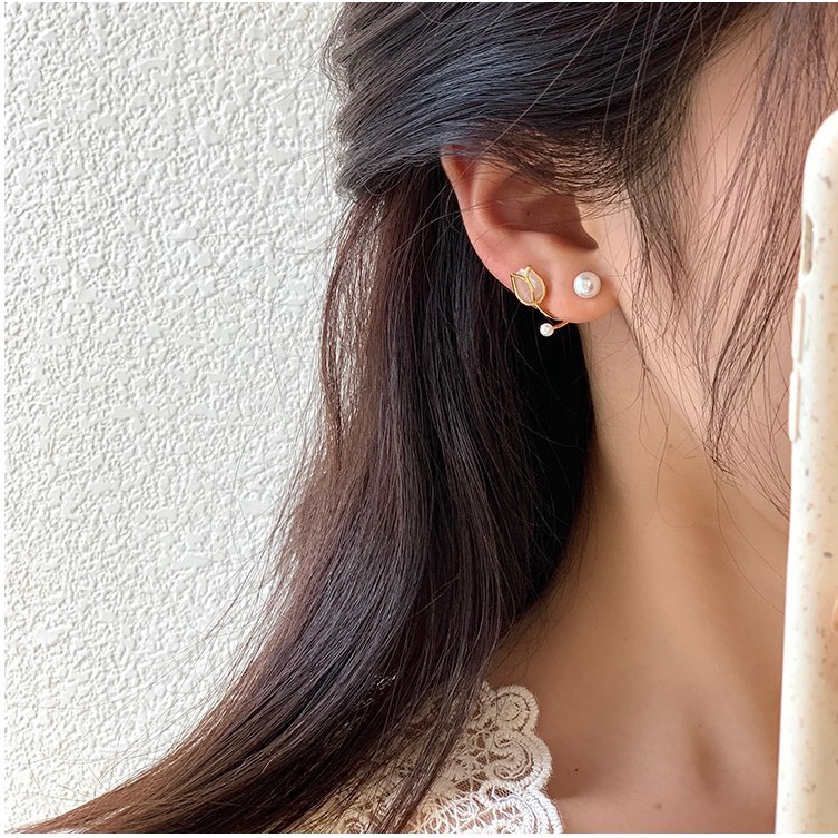 Bông tai nữ ngọc trai nhân tạo  Her Acessories  khuyên tai  hoa tulip phụ kiện trang sức Hàn Quốc H126