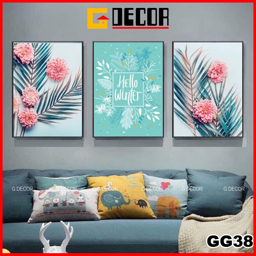 Tranh treo tường canvas khung gỗ 3 bức phong cách hiện đại Bắc Âu tranh hoa lá trang trí phòng khách phòng ngủ spa 38
