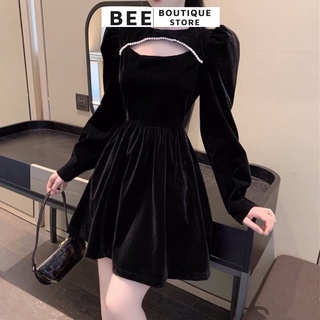 Đầm nhung tiểu thư tay dài dáng xòe ngắn