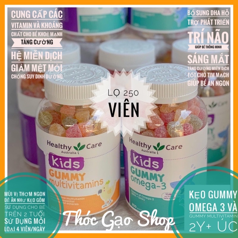 Kẹo dẻo Kids Gummy Multivitamin và Kids Gummy Omega 3 200v chính hãng Healthy Care Úc cung cấp đầy đủ dưỡng chất cho bé