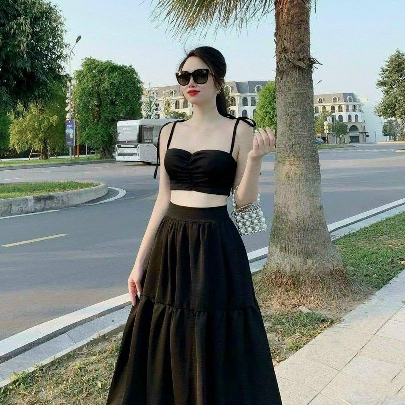 Sét Đồ Bộ Nữ Chật Liệu Đũi Áo 2 Dây Nhún Ngực ( Có Mút Ngực ) &amp; Chân Váy Dáng Xoè ( Có Lót Trong ) Thiết Kế Sang Chảnh A