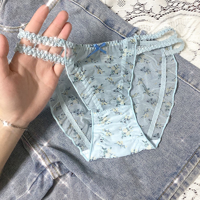 Quần Lót Cotton Lưng Thấp Phối Ren Lưới Đính Nơ Họa Tiết Hoa Quyến Rũ