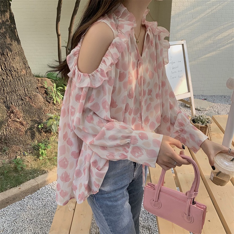 Áo kiểu BH chiffon dài tay phối dây in hoa thời trang mùa hè dành cho nữ 2022
