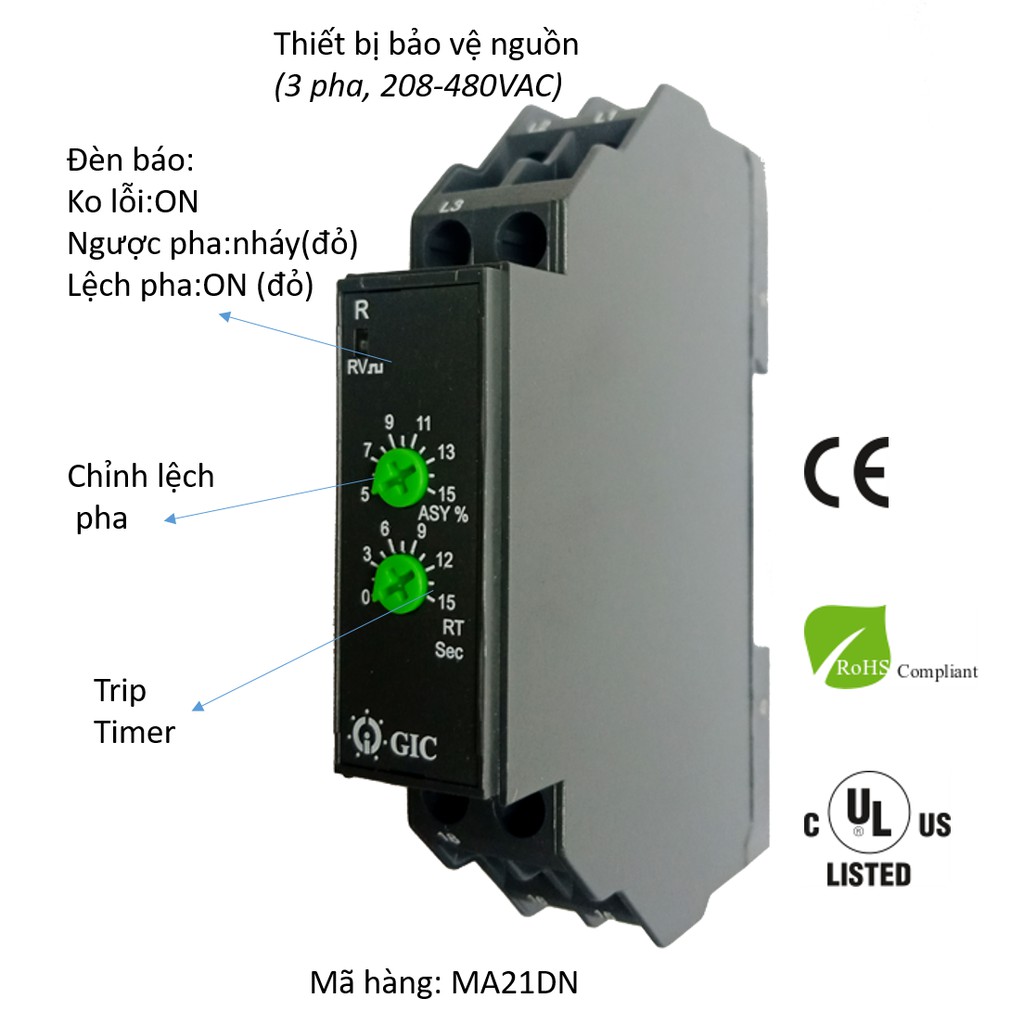 Thiết bị bảo vệ nguồn điện , bảo vệ mất pha, bảo vệ đảo pha, lệch pha nguồn 208-480VAC , GIC-Ấn Độ, Bảo hành 12 tháng