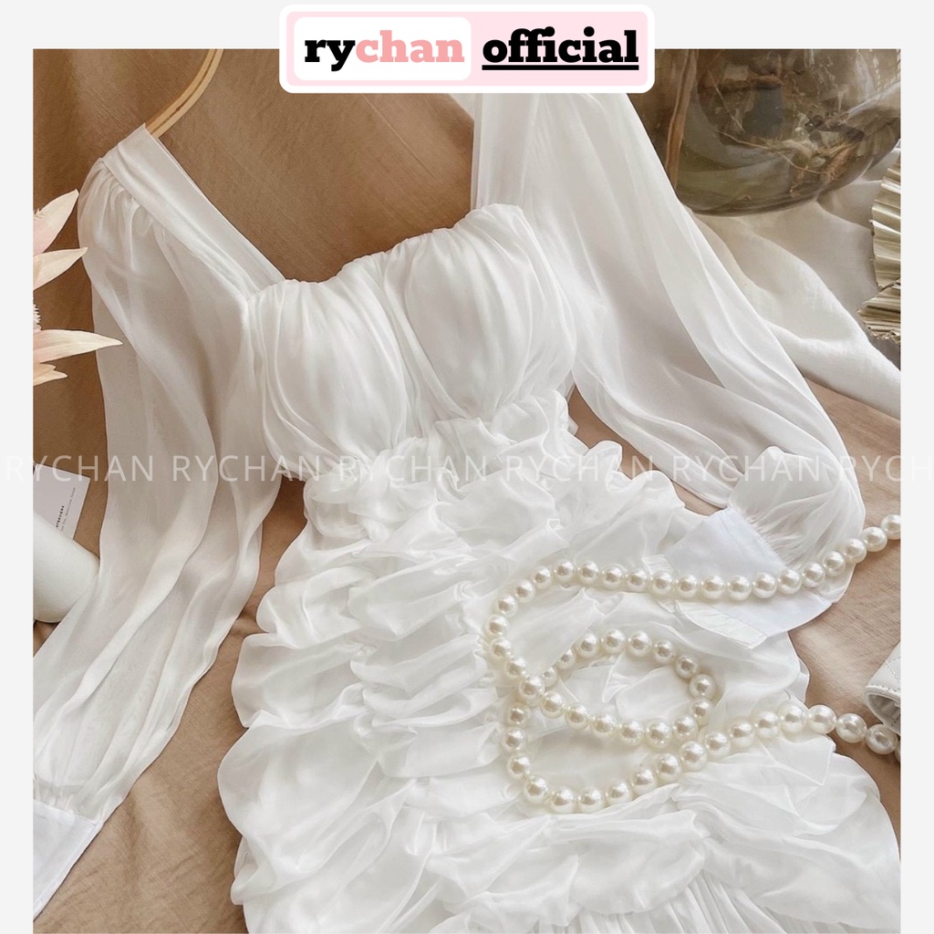 Đầm Xòe Trắng Cổ Vuông Dài Tay Nhún Thân Đuôi Viền Bèo Lót Trong Dày Dặn [Ảnh Thật Cuối] - DX0042