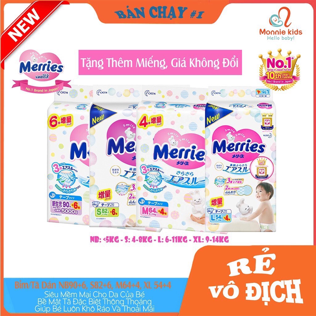 Bỉm Merries Dán Nội Địa Nhật (Cộng miếng) (Date Mới) NB96/S88/M68/L58