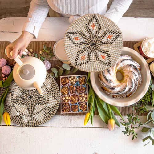 Đĩa cói trang trí tròn, bày hoa quả đồ ăn nhẹ, đồ cá nhân, treo tường, decor phòng ăn, phòng khách Bắc Âu họa tiết 0405