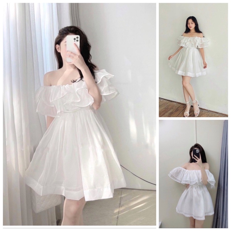 Áo Trễ Vai ÓNG ÁNH Bèo Tầng Tiểu Thư Nữ Trắng Hồng 2 lớp sexy Nasu May