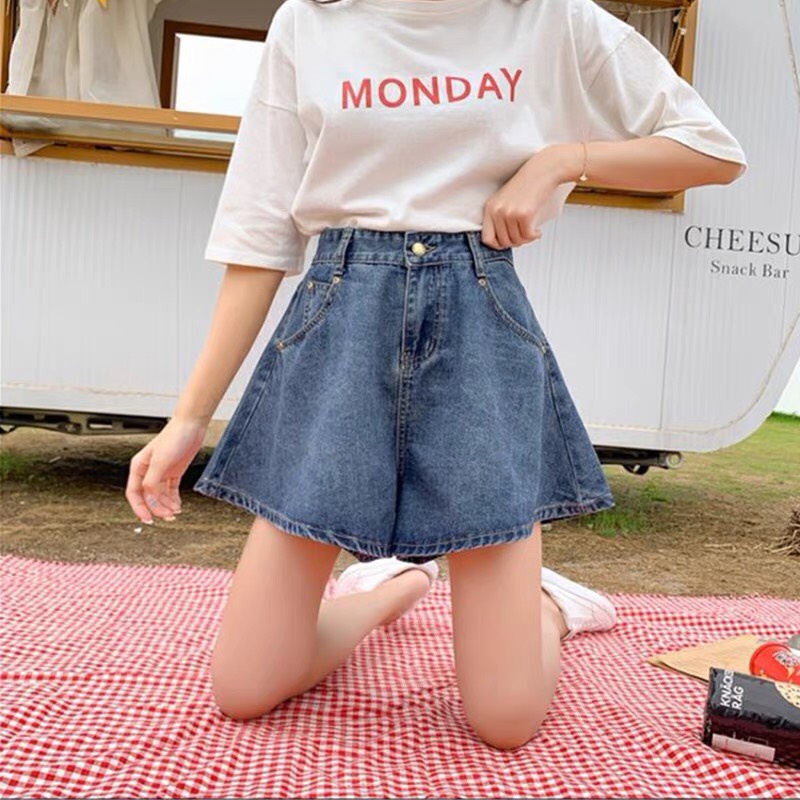 Quần shorts cạp cao ống xòe, quần shorts jeans kiểu dáng dễ thương_c31