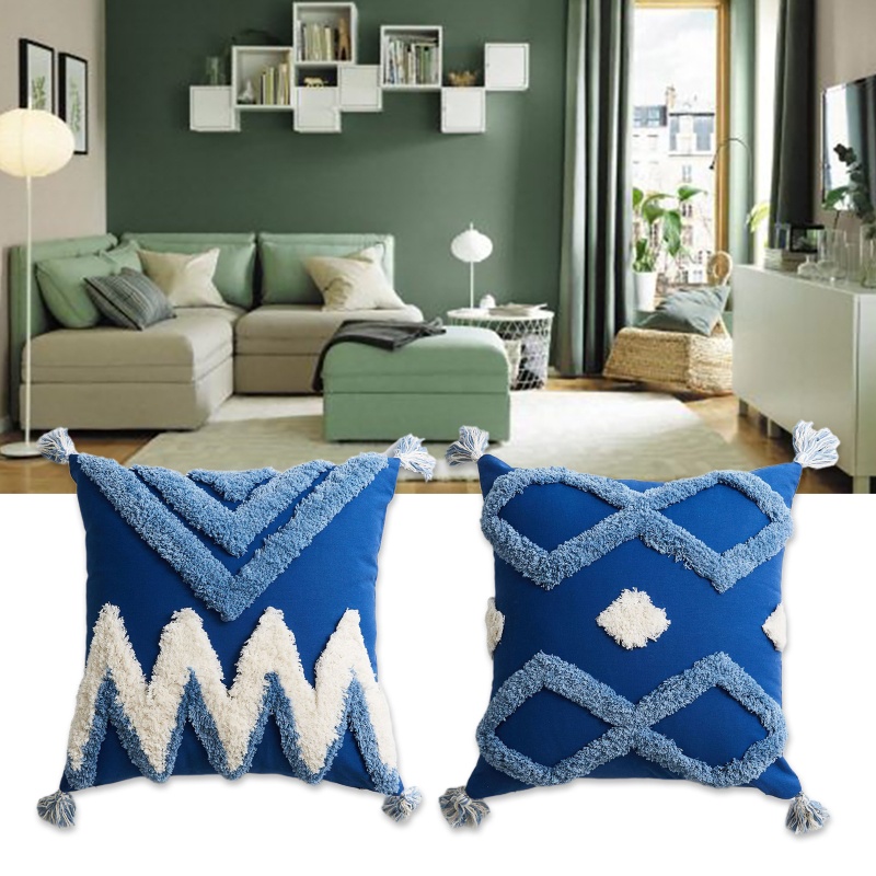 Xiangbao Vỏ Gối Dệt Kim Họa Tiết Kim Cương Hình Học Màu Trắng Xanh Lam Phối Tua Rua Trang Trí Zig Zag Phong Cách Boho