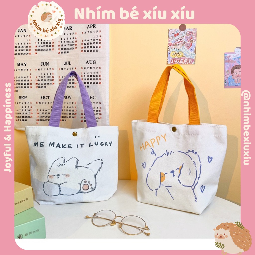 Túi tote bag vải canvas mix quai màu họa tiết hoạt hình siêu cưng VT252