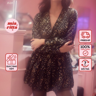 Váy đen in sao nhũ vàng dáng xoè khuy trước dáng ngắn Mia Ritta Pink Club Collection V978 ảnh thật