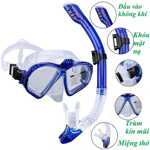 Mặt nạ lặn biển kèm ống thở GOPRO chính hãng POPO mắt kính cường lực gắn được Camera SJCAM, GOPRO EKEN