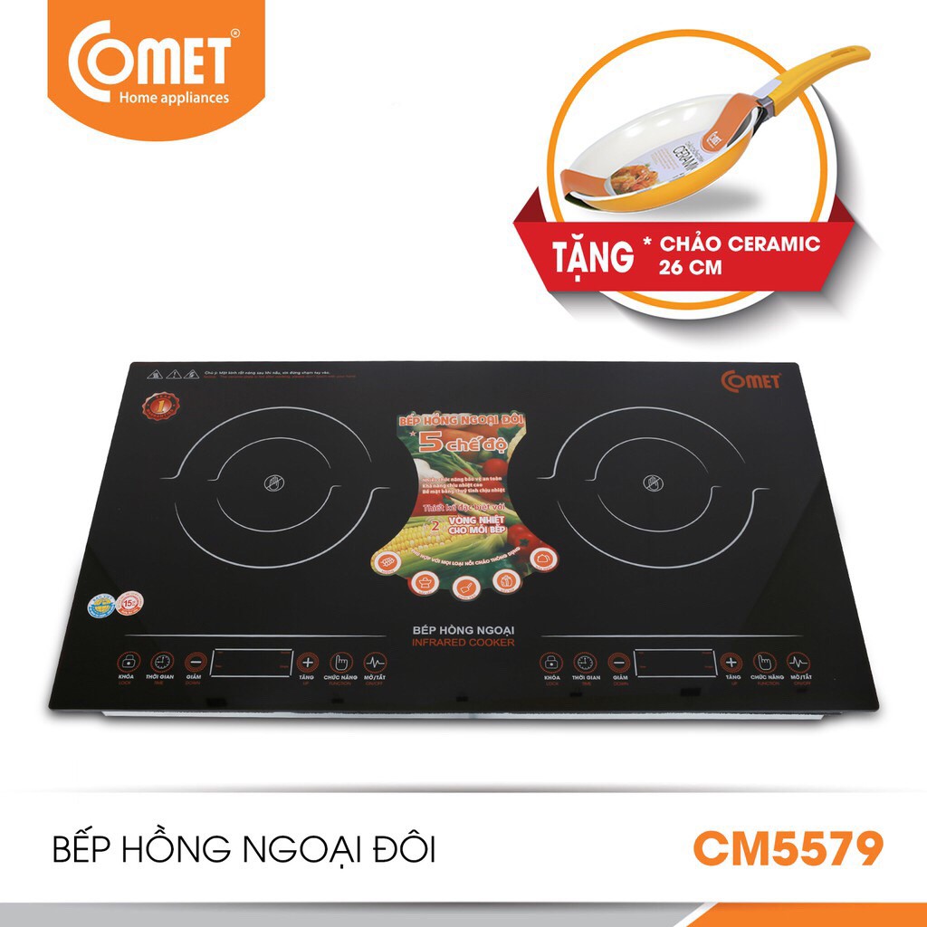 Combo bếp hồng ngoại đôi tặng chảo chống dính Ceramic 26cm COMET - CM5579 &amp; CH10-26