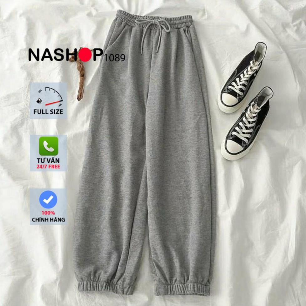 Quần jogger nữ bo gấu trơn vải thun da cá, quần ống rộng nữ nỉ thun dáng jogger mặc thu đông