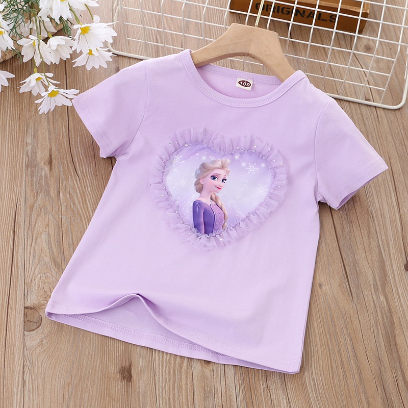 DISNEY Áo Thun Cotton Tay Ngắn Phối Ren Hình Công Chúa Băng Giá Elsa Dành Cho Bé Gái 2022 Mới 1-8 Tuổi