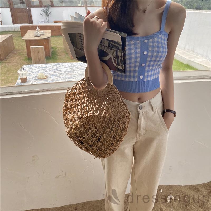 Áo Hai Dây Họa Tiết Caro Phong Cách Vintage Thời Trang Cho Nữ