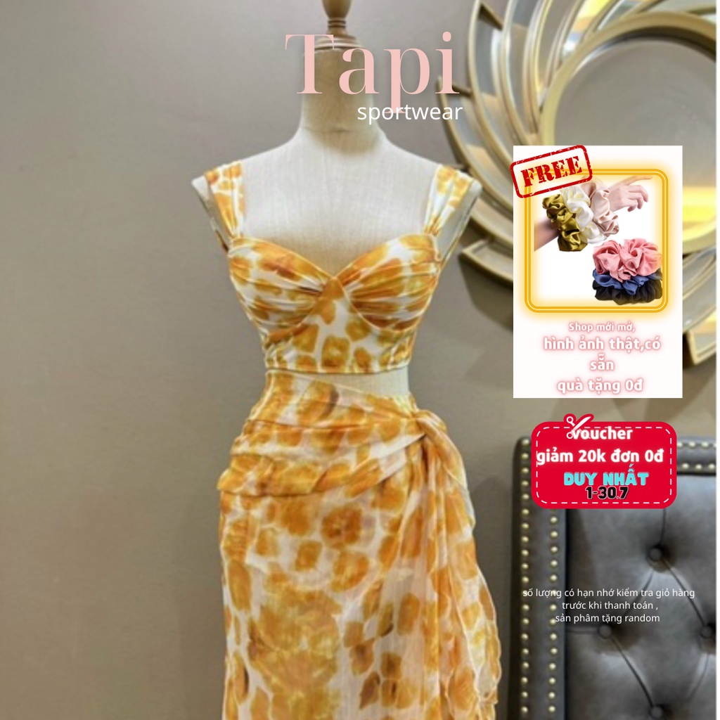 Bikini set 3 món đi biển đi bơi hoa cam kèm khăn choàng đi biển có ảnh thật kế bên