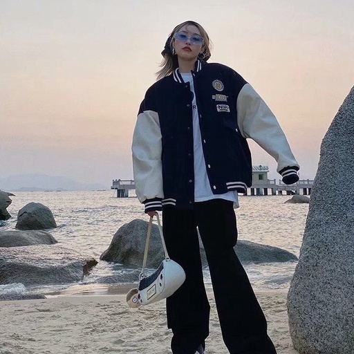 Áo khoác bomber nhung phối tay họa tiết logo NSR trước ngực/ Áo khoác thu đông nam nữ tay bồng phom rộng unisex | BigBuy360 - bigbuy360.vn