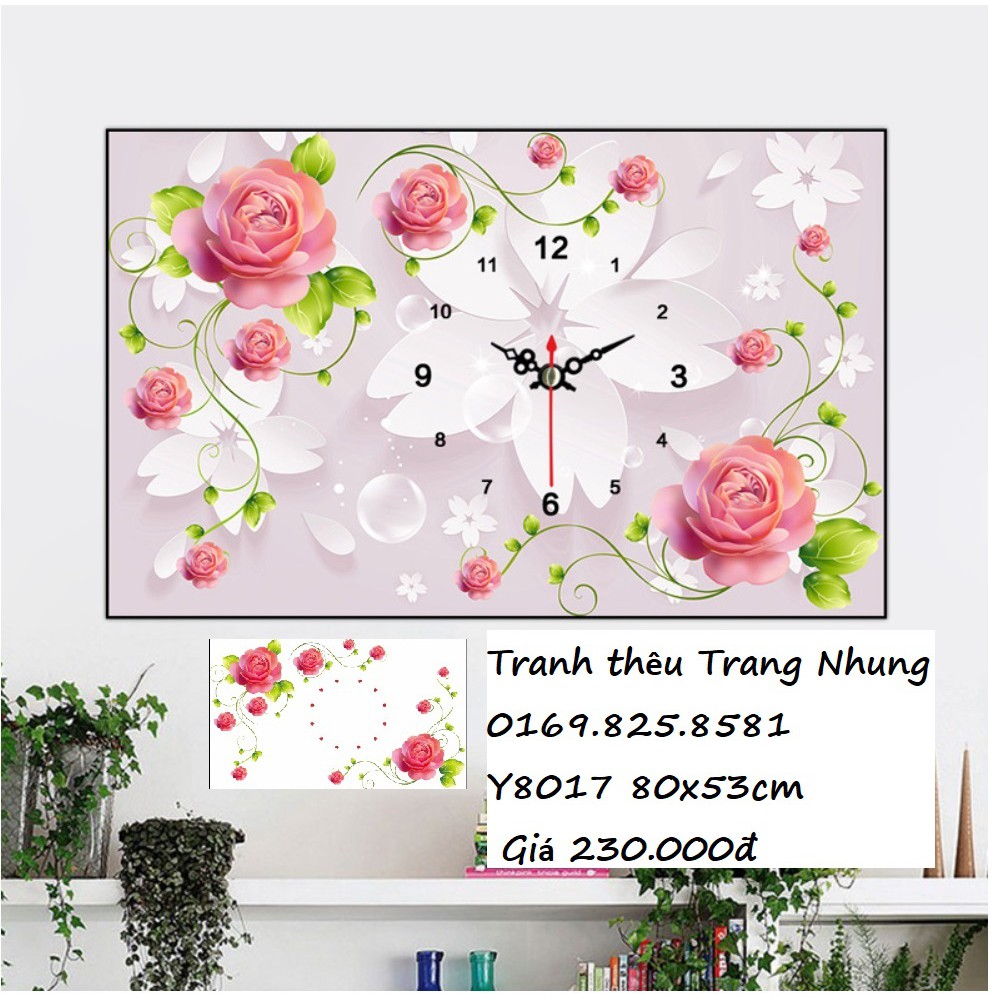 Tranh đính đá Đồng hồ hoa hồng Y8017-80x53cm