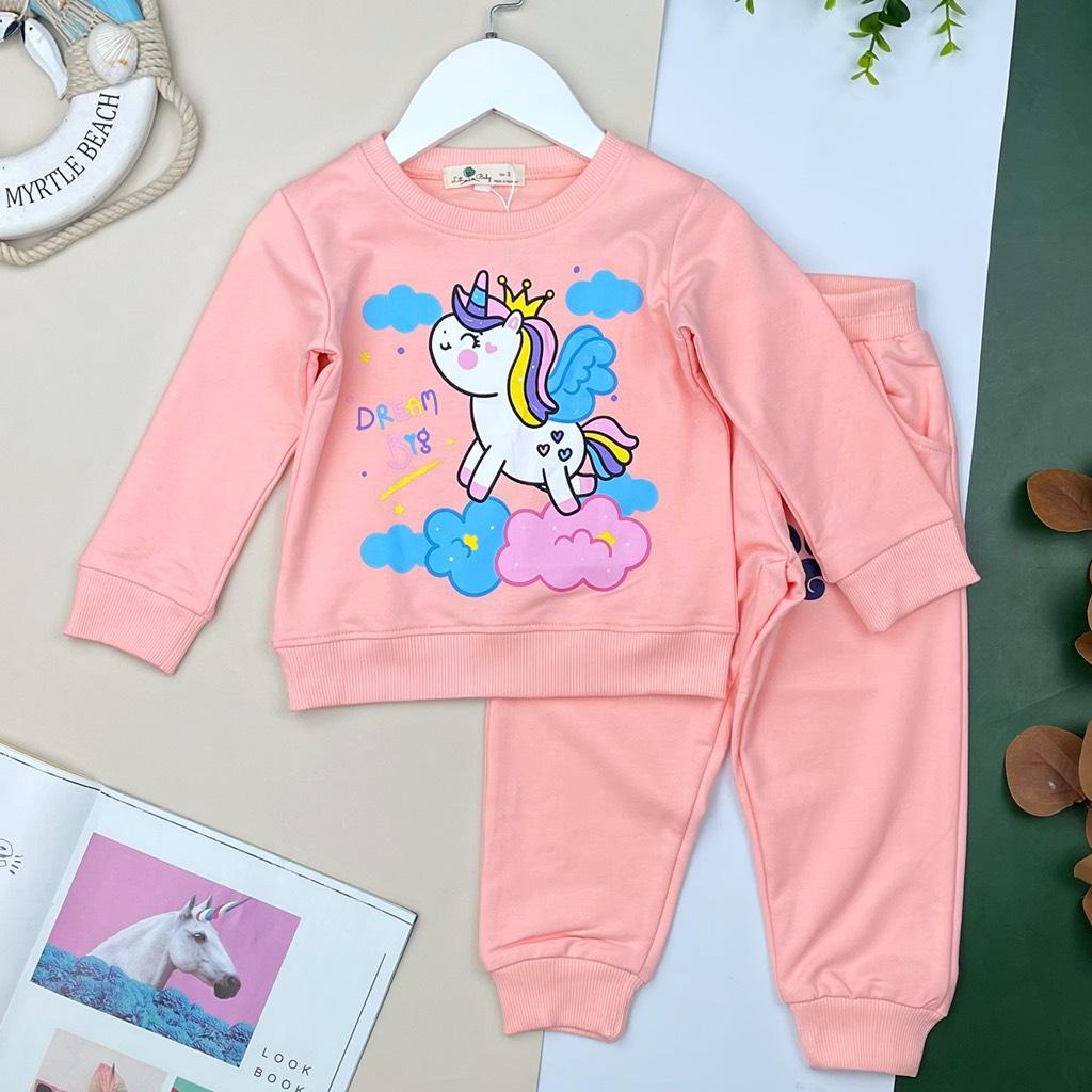 Bộ quần áo nỉ LITIBABY bé gái, hình elsa, pony, chất nỉ da cá bền đẹp, size 2/8T BNBG
