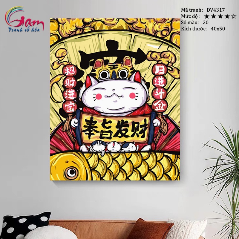 Tranh tô màu theo số mèo chiêu tài thần tài GAM có kèm khung đã căng sẵn 40x50cm DV4317