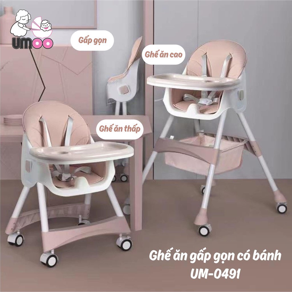 Ghế ăn dặm cho bé - ghế ăn dặm UMOO nằm ngả có bánh xe gấp gọn giá rẻ - Ahimom