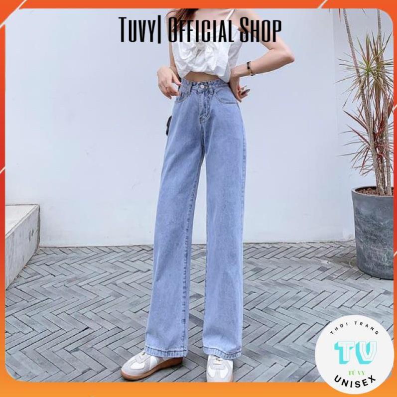Quần bò nữ TUVYSHOP quần ống rộng cạp cao dáng dài vải đanh mịn k xù k giãn màu xanh3 size S M L