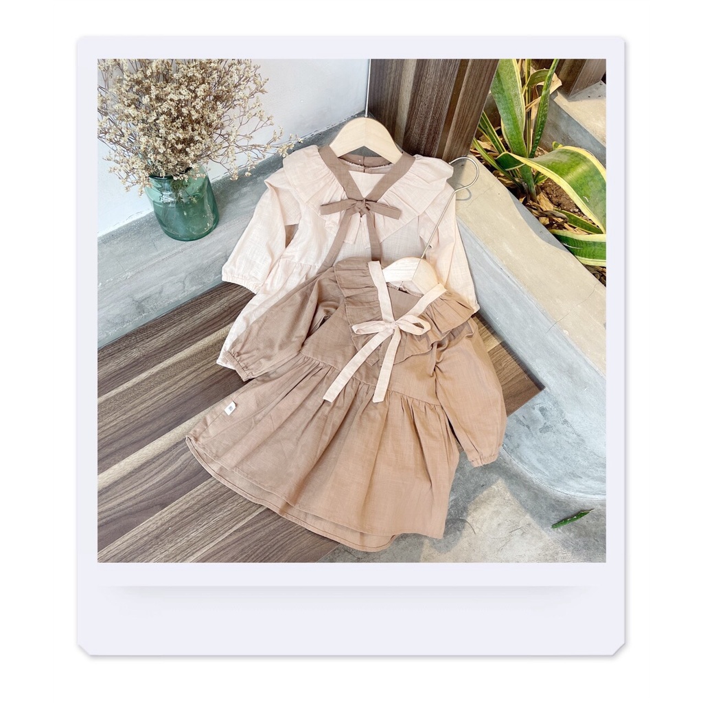 (8-20kg)-Jee kids- Váy đầm thô tay dài cổ viền bèo phối nơ thắt đáng yêu cho bé gái (ảnh thật)