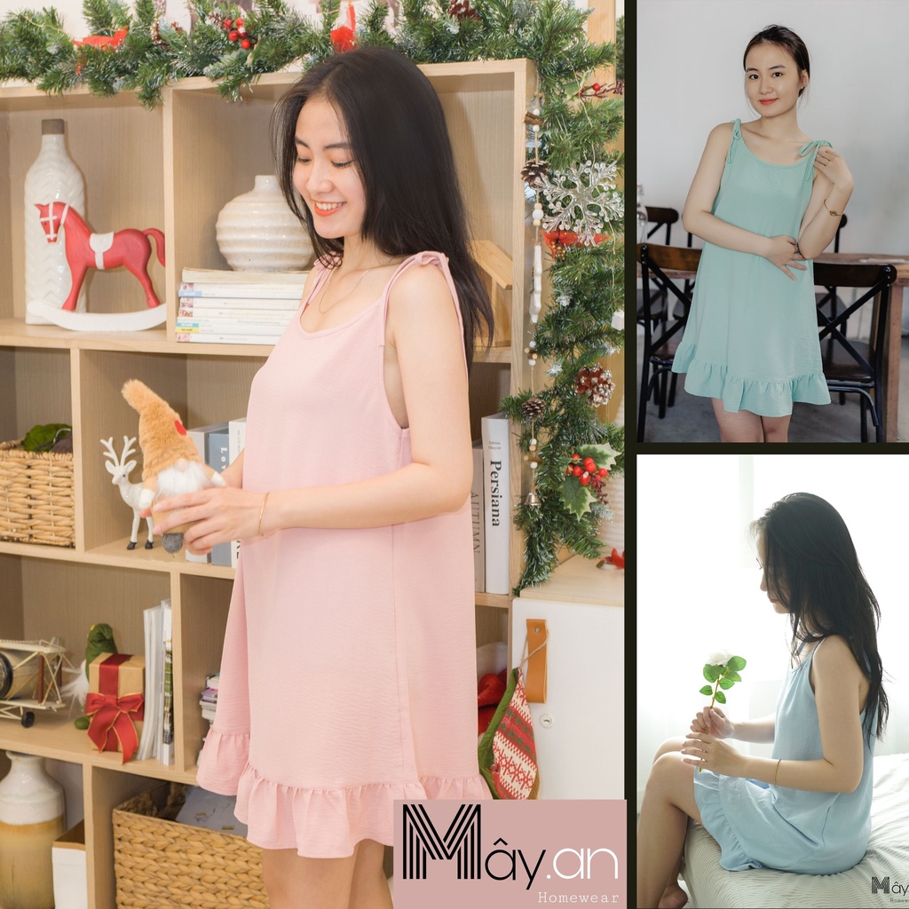 Đầm mặc nhà MÂY a little girt đũi cao cấp 2 dây vai cột nơ