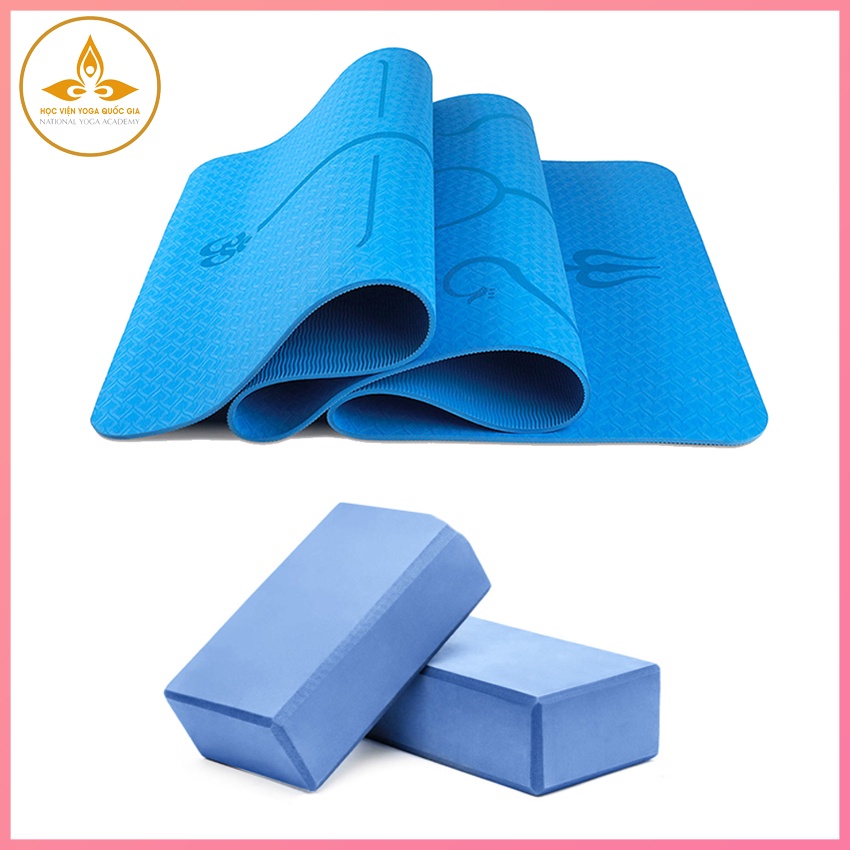 Combo Thảm yoga định tuyến 2 lớp 6mm chất liệu TPE+ 2 viên gạch yoga EVA, chống trơn trượt, không mùi,in hoa văn