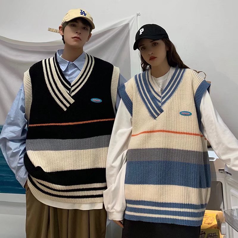 áo sweater nam form rộng cổ chữ V màu năng động thời trang unisex áo vest áo len nam hàn quốc