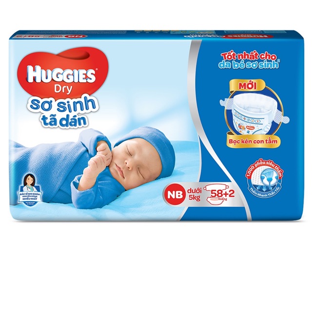 Tã dán sơ sinh Huggies Dry Newborn ( 58 miếng + 2 miếng )