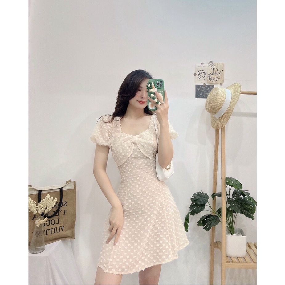 ĐẦM TAY NGẮN PHỐI NƠ NGỰC - Hình Shop Chụp Thật